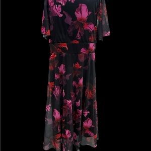 Chic Black and Pink Floral Midi Dress